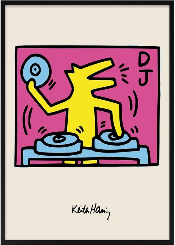 Colorful Keith Haring artwork of a yellow DJ figure mixing records, with "DJ" text and artist's signature below.