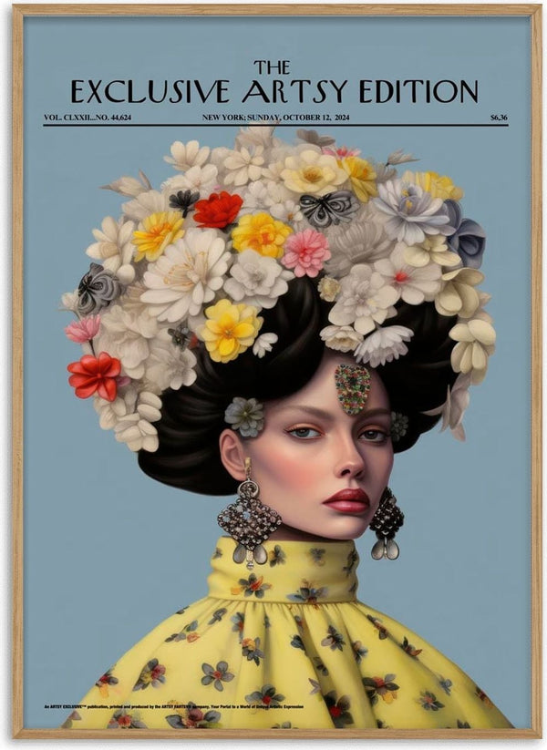 Woman with large floral headpiece and ornate earrings, showcasing the Flowerpot Artsy Edition on product page.
