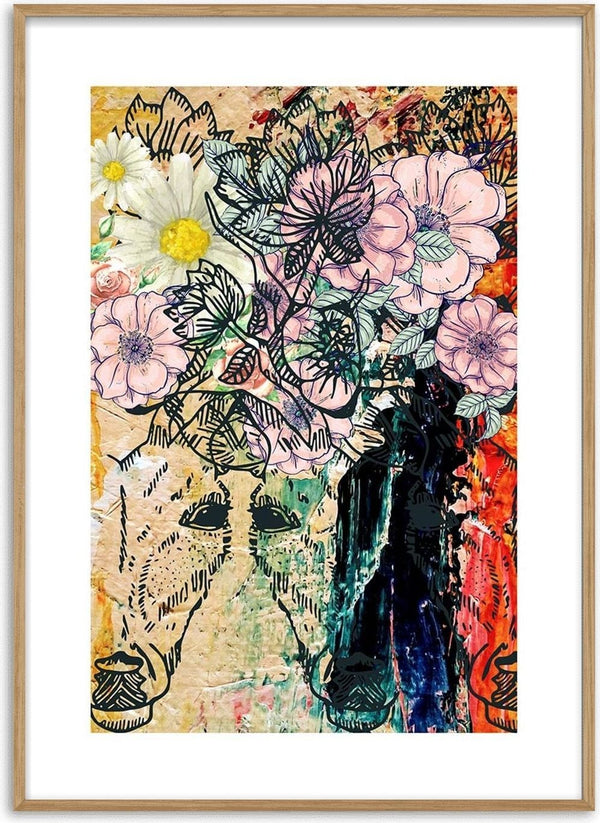 Abstract poster featuring colorful flowers and sketched horse faces on a textured, multicolored background.