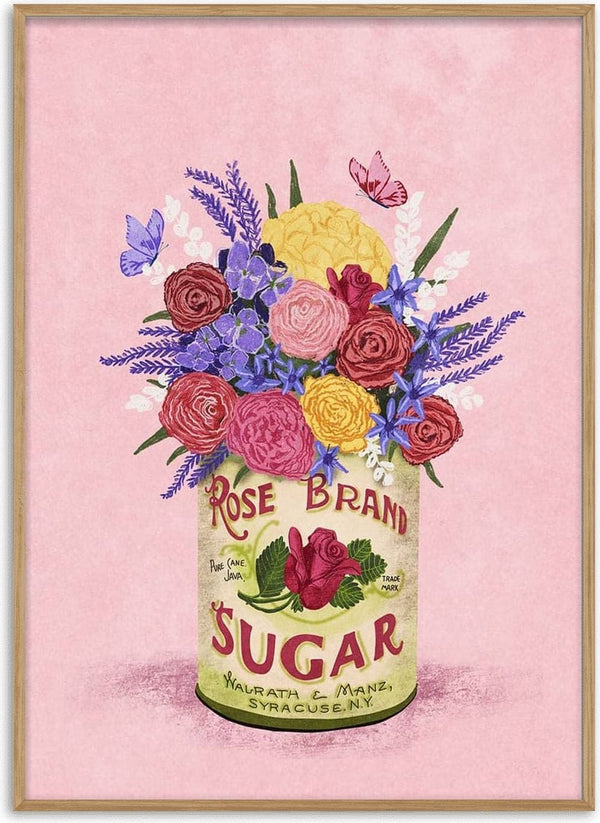 A vintage sugar can labeled "Rose Brand" filled with colorful flowers and butterflies.