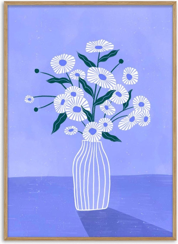Illustration of white flowers with green stems in a striped vase on a blue background for Flowers In Blue - Bea Muller.