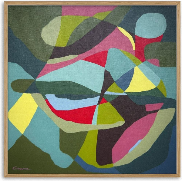 Forest by Elva Garma - overlapping abstract shapes in moss green and teal with wedges of yellow, pink and red