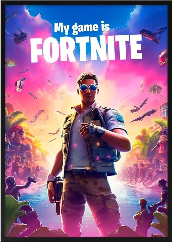 A Fortnite character stands confidently with vibrant, tropical scenery and "My game is FORTNITE" text above.