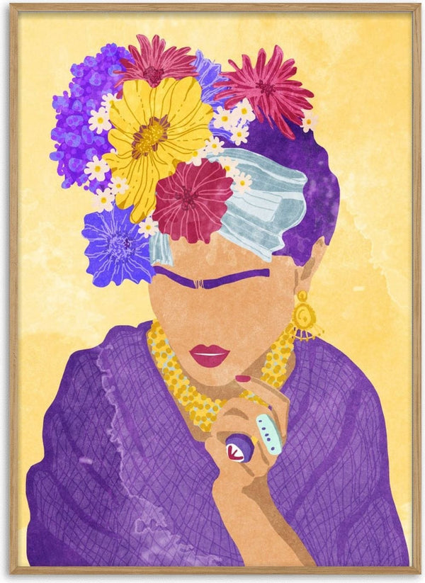Portrait of a woman with colorful flowers in her hair, wearing purple clothing and jewelry, inspired by Frida Kahlo.