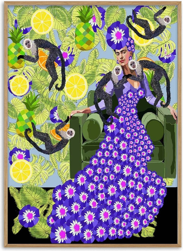 Woman in a purple flower dress sits on a green chair, surrounded by monkeys and tropical fruit illustrations.