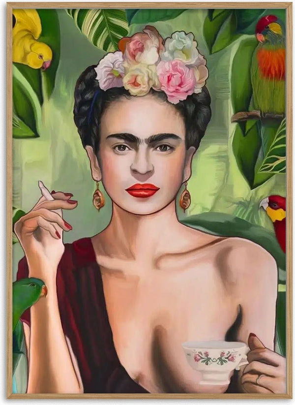 Painting of a woman with flowers in her hair, holding a teacup and cigarette, surrounded by tropical leaves and parrots.