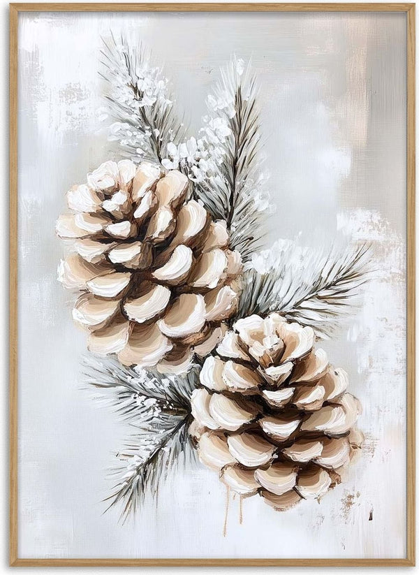 Two frosted pinecones with snowy pine branches, evoking a wintry, festive atmosphere.