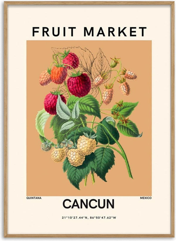 Illustration of raspberries and leaves with "Fruit Market Cancun" text on a beige background.