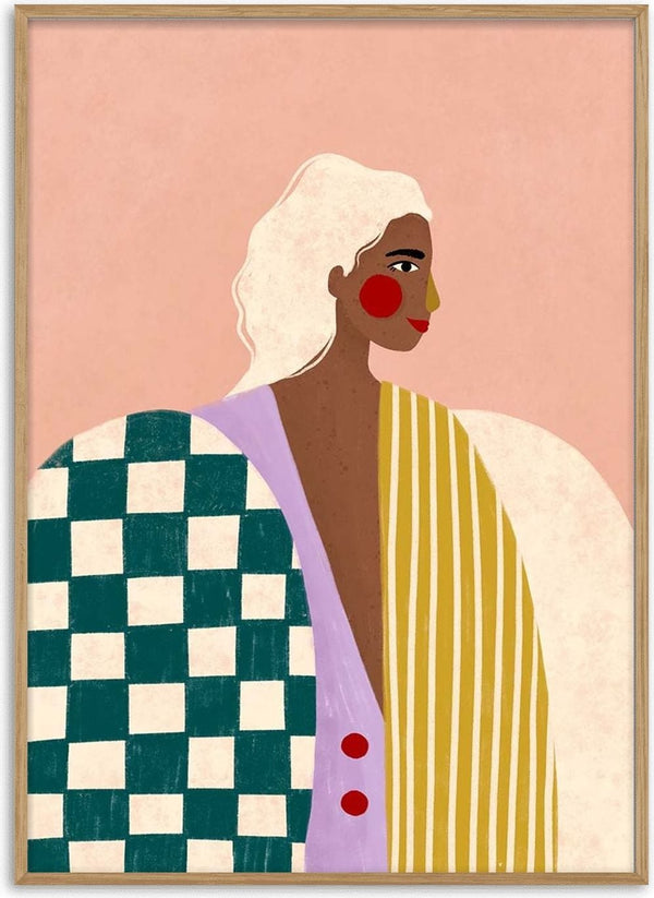 Illustration of a woman in a colorful, patterned funky blouse on the Funky Blouse - Bea Muller product page.