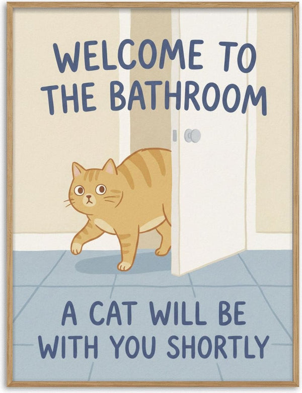 Illustration of a cat entering a bathroom with the text "Welcome to the bathroom. A cat will be with you shortly."