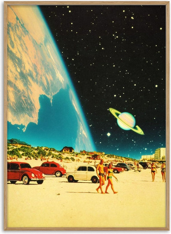 Galaxy Beach by Taudalpoi, a retro beach crowd and red vintage cars beneath a turquoise planet
