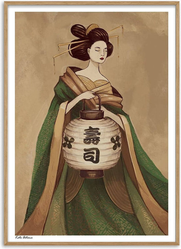 Illustration of a geisha in traditional attire holding a lantern, featured on Geisha Dreams by Kate Aitana.