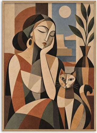 Geometric Woman & Cat – Earthy Cubist Harmony - TimlessArtworks