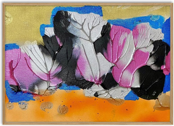 Gheisha Tree by Maria-Tia - pink, black and silver leaves with raised veins on orange and gold