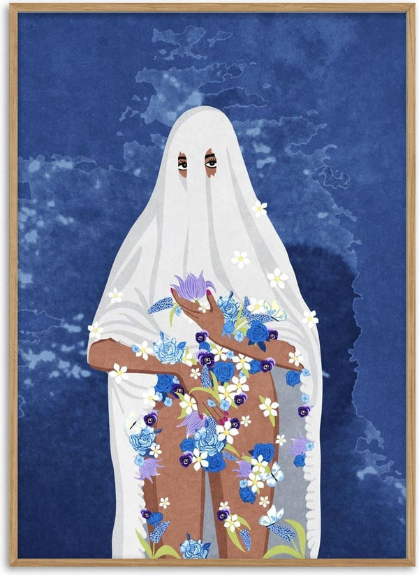 A figure draped in a white sheet, adorned with blue and white flowers, stands against a dark blue background.
