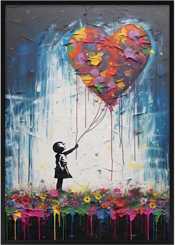 Banksy-inspired art of a girl reaching for a large, colorful heart-shaped balloon amid vibrant flowers.