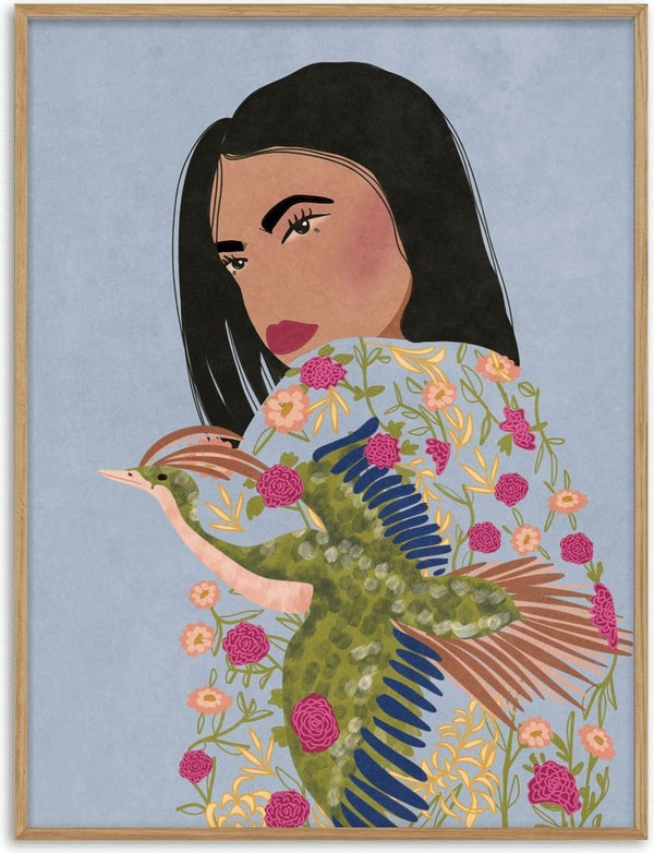 Illustration of a girl with dark hair and a crane, surrounded by floral patterns on a blue background.