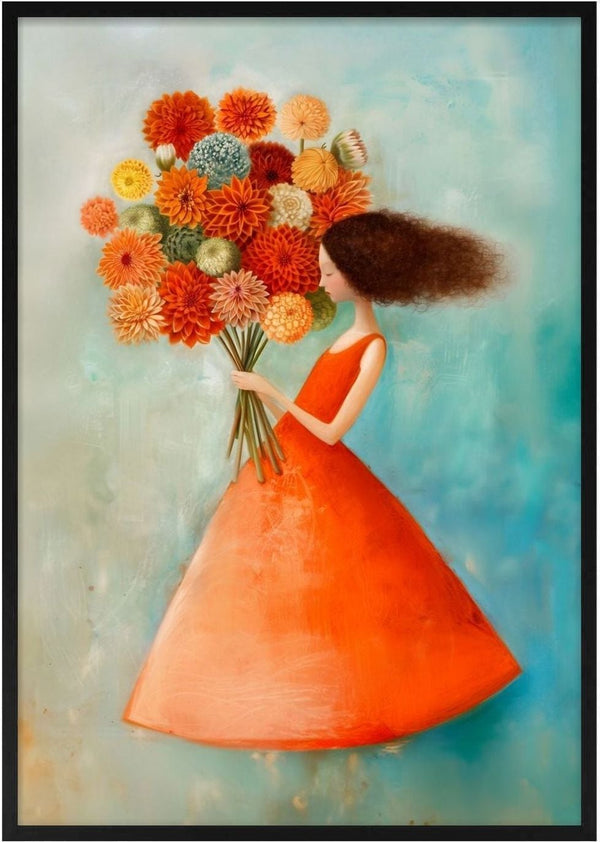 Girl with Flowers by Annika Persson - a woman in an orange dress holding a large bouquet on turquoise