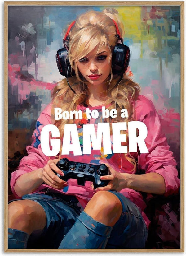 Teen girl in headset and pink shirt holding a game controller with "Born to be a GAMER" text.