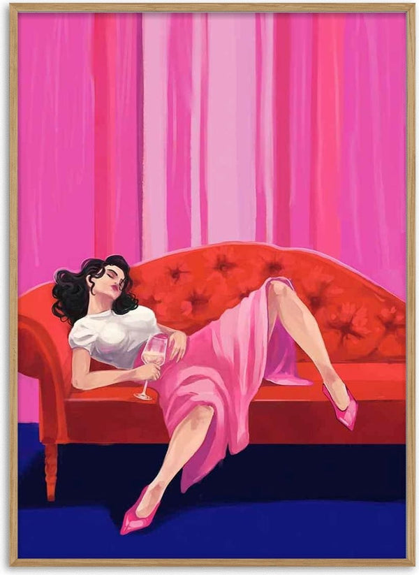 Illustration of a woman in pink lounging on a red sofa with a wine glass, for Girls Night Out - Kate Aitana.