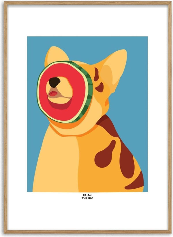 Go All The Way by Jakob Falkenberg - a dog with a watermelon slice pressed over its face on blue-grey