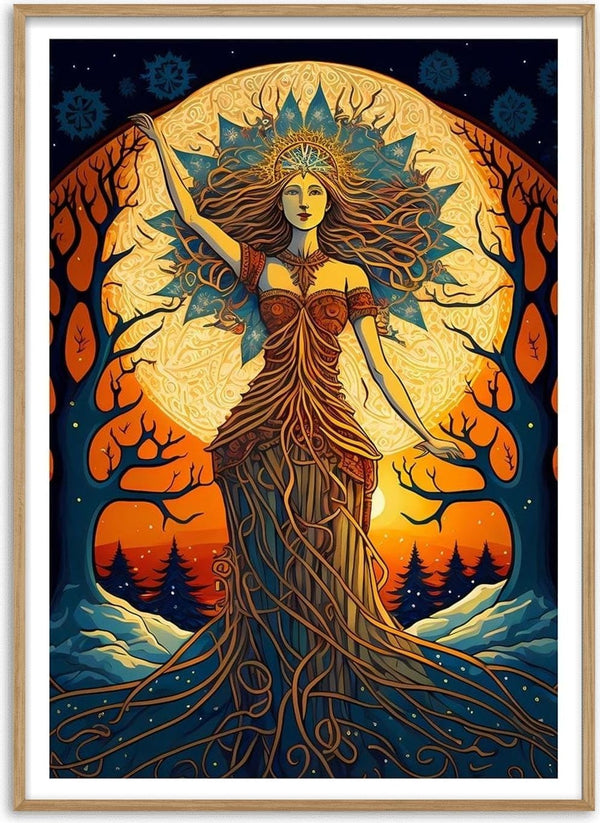 Artistic illustration of a goddess in nature, with flowing hair and tree branches, by Thomas Nordentoft.