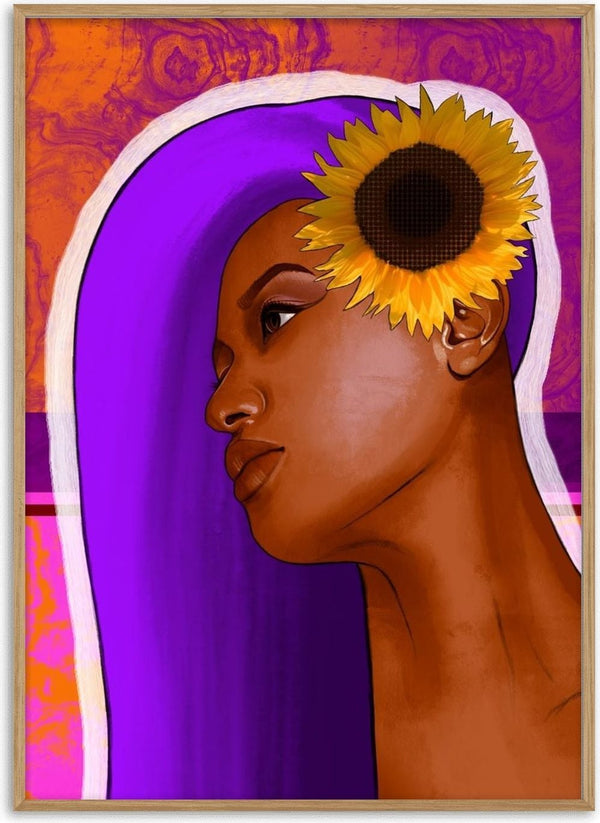 Golden Focus by Sabrina Rosenblatt - a woman in profile with a sunflower at her ear and a purple head wrap