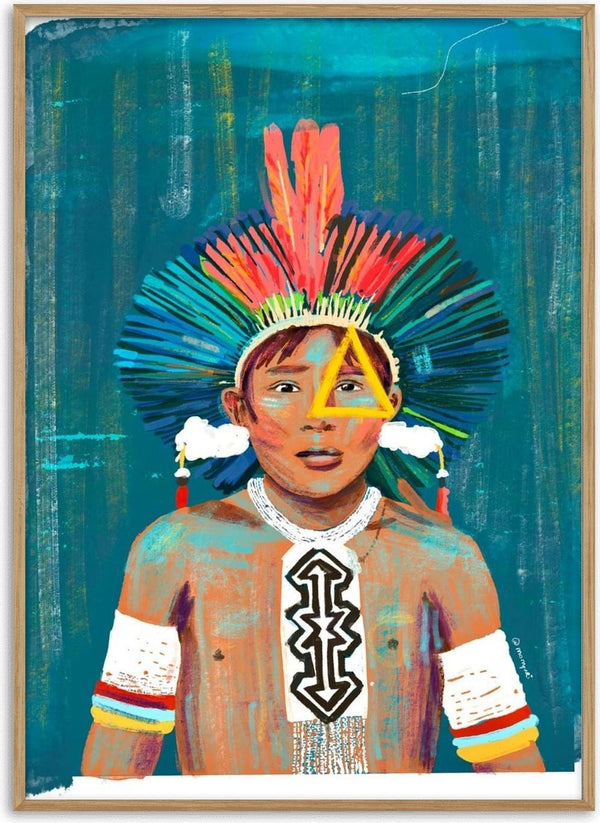 Golden Gaze by Monyuri - portrait of a young Indigenous boy in a colourful feather headdress on teal