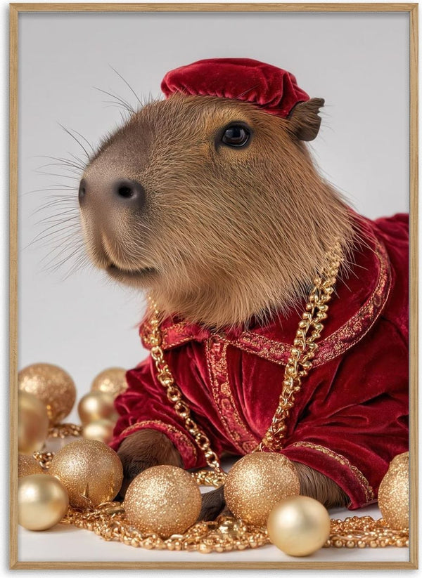 Capybara wearing red velvet clothes and gold chains, surrounded by golden ornaments.