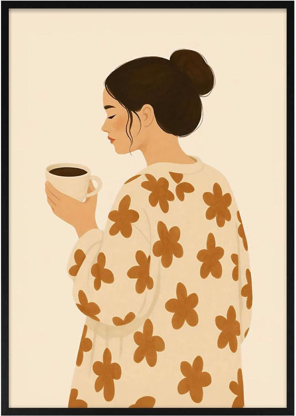 Illustration of a woman in a floral robe holding a coffee mug, featured on Good Morning by Annika Persson.