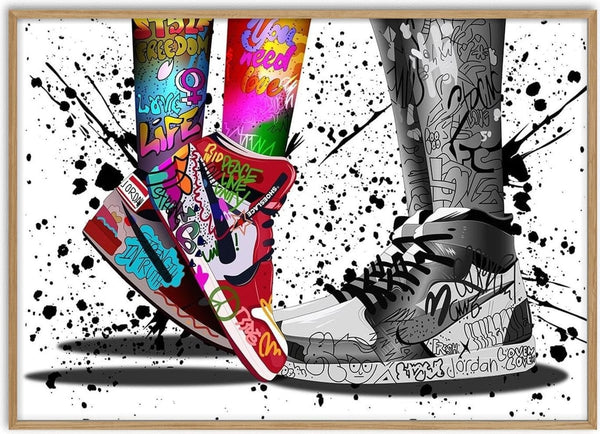 Colorful graffiti-style shoes and leggings by Danii Steinfeldt, with vibrant street art designs.