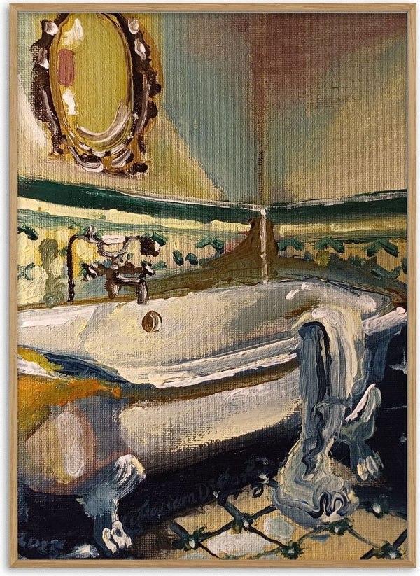Grandma's bathroom by Mariam De Giorgio - white claw-foot bathtub below green tiles and a gilded oval mirror