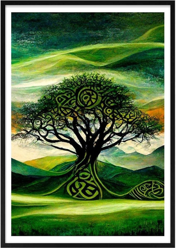 Abstract tree with green Celtic patterns, set against rolling hills and a swirling night sky; cover of Green Midnight.