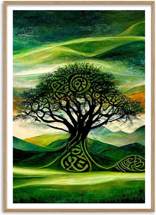 Abstract tree with green Celtic patterns, set against rolling hills and a swirling night sky; cover of Green Midnight.