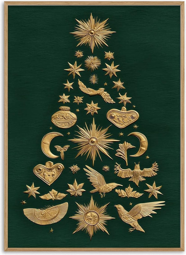 Gold star, bird, moon, and heart ornaments arranged in a tree shape on a dark green background.