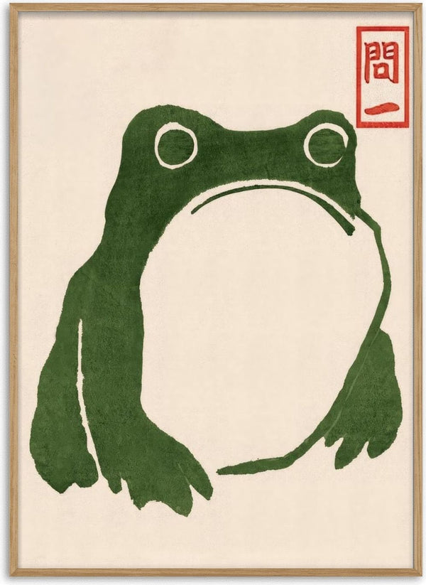 Stylized green toad illustration with a grumpy expression, Japanese art style, by Matsumoto Hoji.