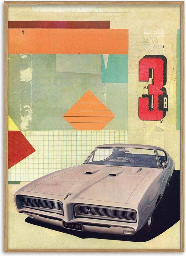 GTO 3 by Kareem Rizk - a vintage Pontiac GTO collaged on pale sage with an orange diamond and a red 3