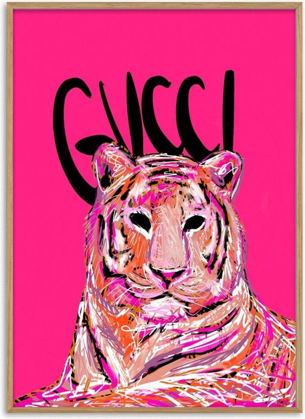 Stylized tiger illustration with "Gucci" text above on a bright pink background, featured on the Gucci Tiger Fashion No 02 Plakat.
