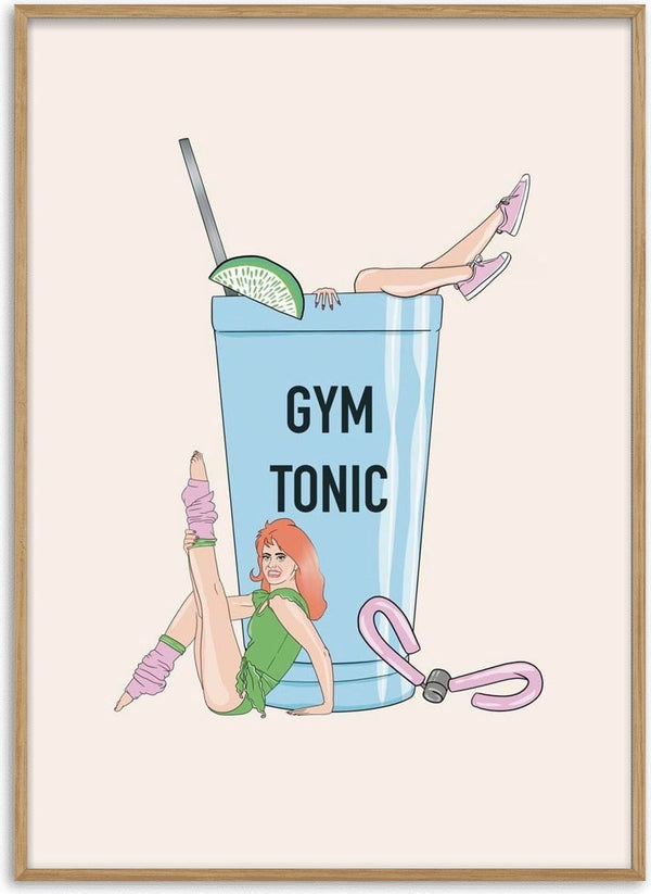 Gym Tonic poster by Lisen Vennesland with a giant blue drink glass and retro aerobics figures