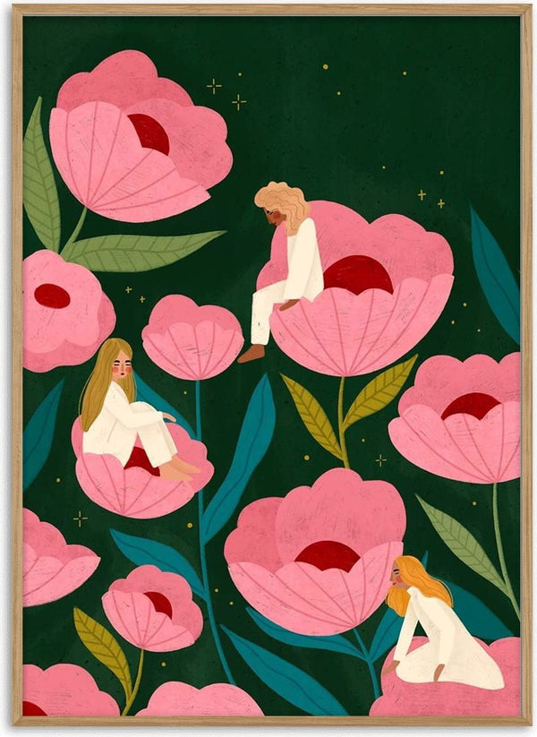 Illustration of women in white outfits sitting inside large pink flowers against a dark green background.