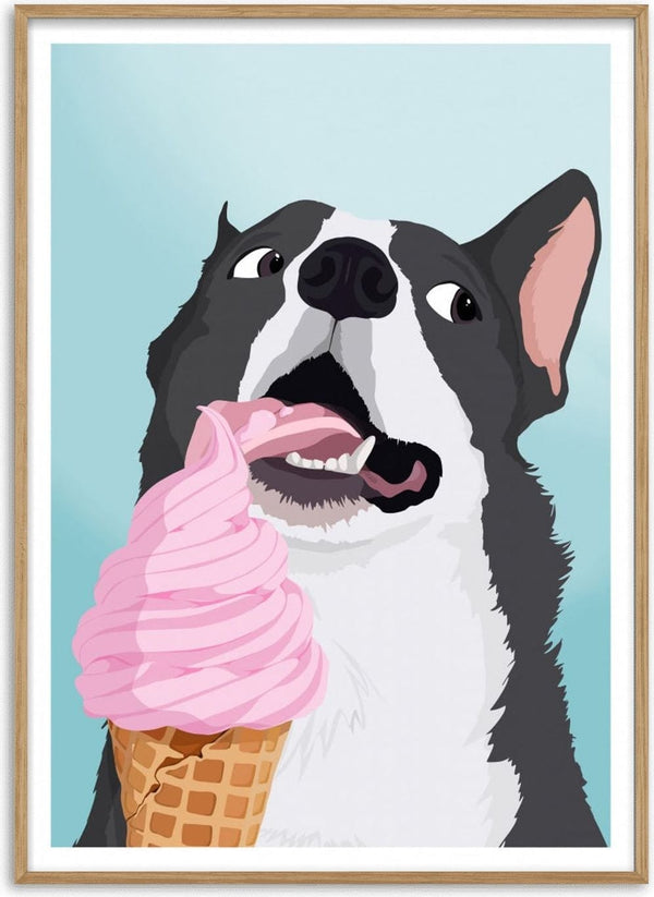Illustration of a happy dog licking a pink ice cream cone, promoting Happy Dog Ice Cream - ByKammille.