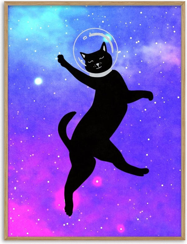 Illustration of a black cat in a space helmet floating against a starry purple and blue galaxy background.