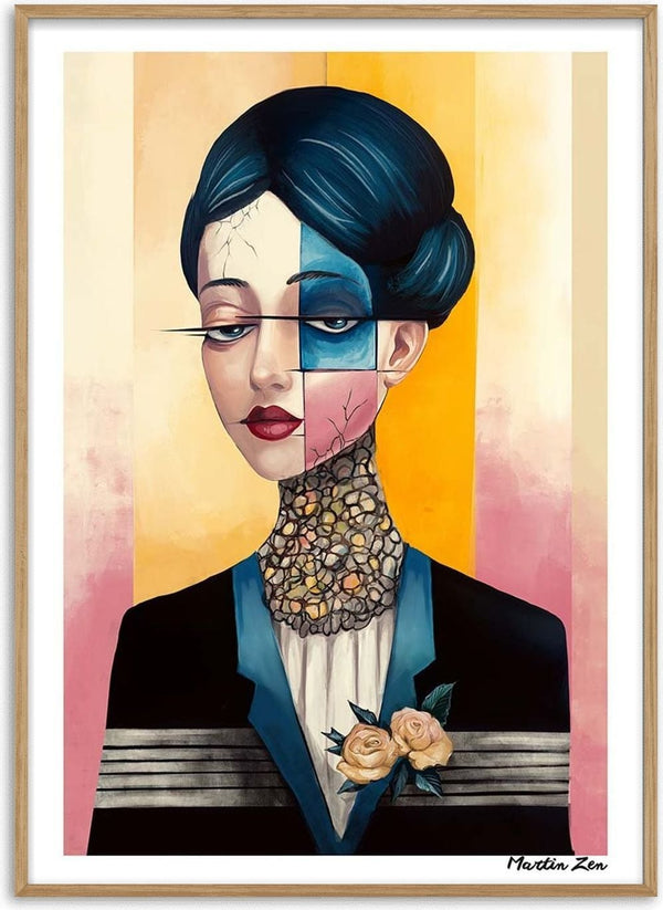 Surreal portrait of a woman with geometric face divisions, floral neck design, and blue suit; Harmony by Martin Zen.