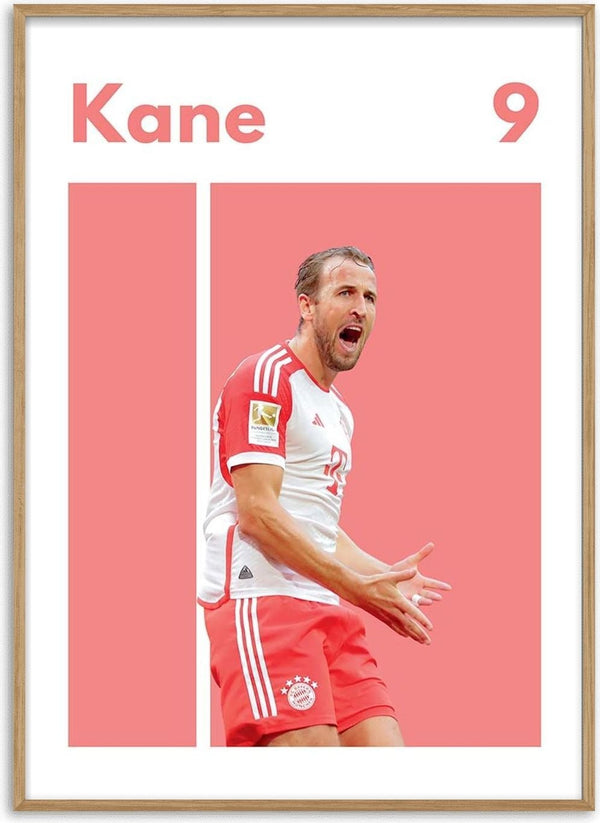 Harry Kane in Bayern Munich kit celebrating, with "Kane" and number 9 displayed on a red and white poster.