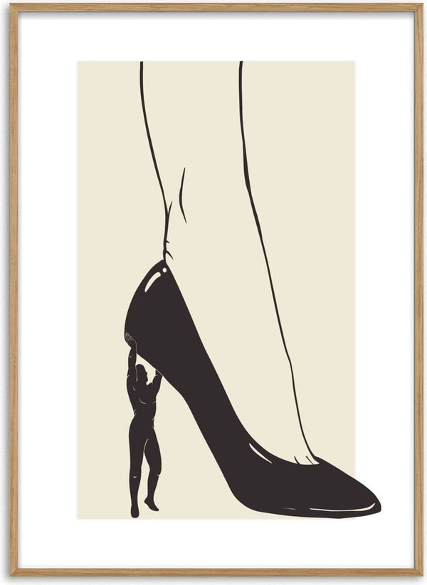 Heavy is the Heel by Nari - a small figure holding up a black high-heeled shoe