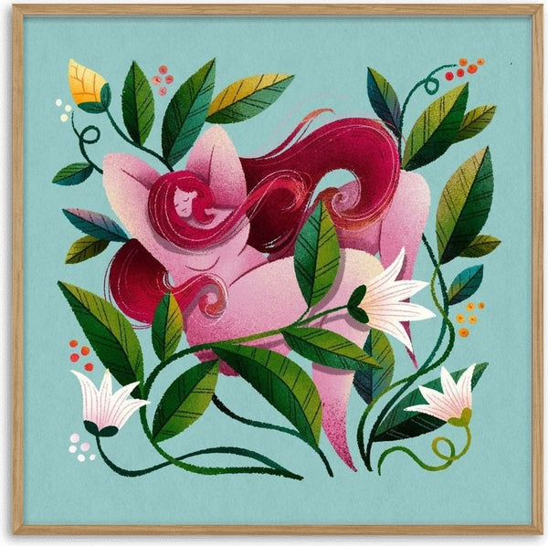 Hello beauty by Justyna - magenta-haired woman curled among leaves and white lilies