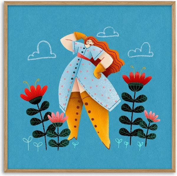 hello world by Justyna - red-haired woman in a blue coat stretching among red flowers