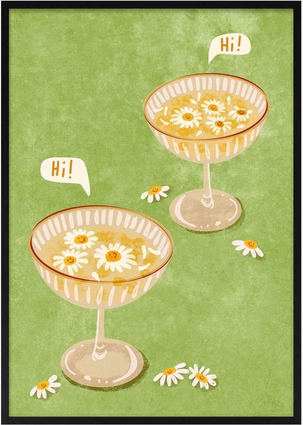 Illustration of two cocktail glasses with daisies saying "Hi!" on a green background.