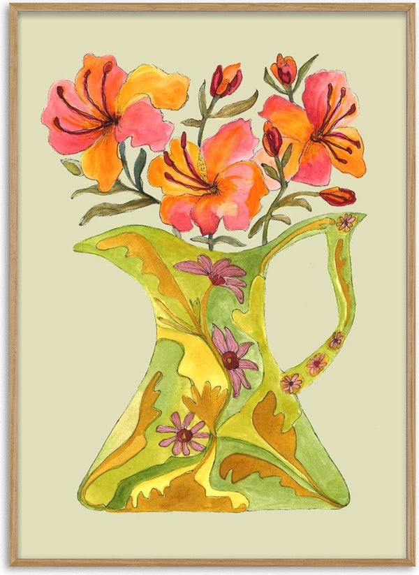 Hibiscus by Marjorie Salvagni - coral hibiscus flowers above a green and gold pitcher