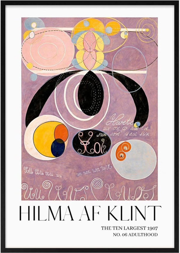 Abstract artwork by Hilma af Klint, Adulthood No. 6, featuring colorful geometric shapes and flowing script.